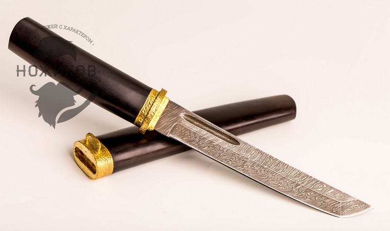 Нож Танто дамаск, с деревянными ножнами