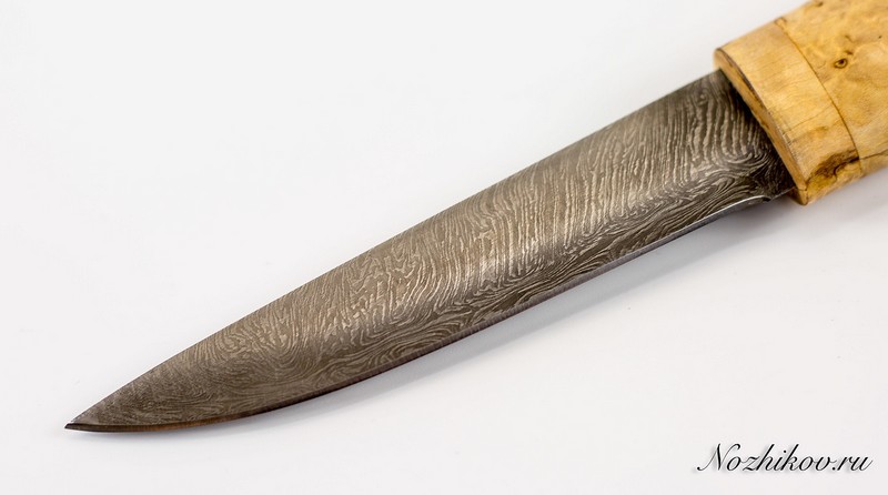 Нож якутский малый из дамаска, карельская береза