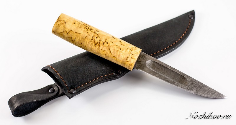 Нож якутский малый из дамаска, карельская береза