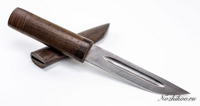 Нож Якутский средний дамаск, деревянные ножны