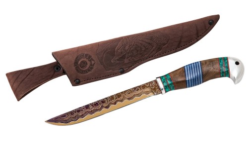 нож Финский: сталь Ламинированная - рукоять стабилизированная карельская береза, вставка акрил, тыльник дюраль